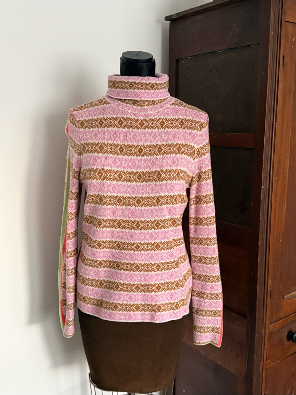 Maeve Pink & Brown Fair Isle Turtleneck Sweater